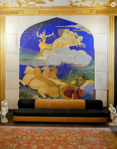 Painting from Umaid Bhawan gallery depicting the Ram–Ravana battle in a unique Greco-Roman artistic style.