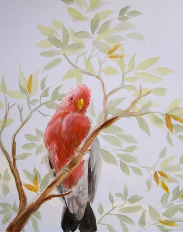 Hand-painted pink galah in eucalyptus branches — detail from Australian nursery mural, soft morning light.