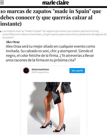 Alex Oráa en artículo "10 marcas de zapatos Made in Spain que debes conocer" en Marie Claire