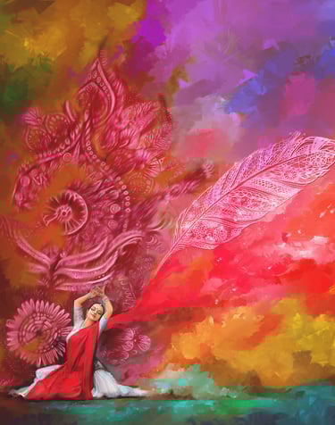colorful digital painting of Indian woman in traditional dancing pose showing her colorful freedom