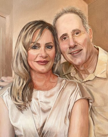 A hand-painted portrait of a happily smiling couple in a serene rose and taupe colour scheme.