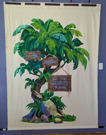 6-foot by 5-foot linen canvas tapestry mural of a lush jungle tree in greens and blues,, with signs and painted names.
