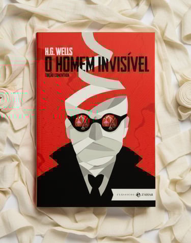 Cover of H.G. Wells book O Homem Invisível on a background of white bandages.