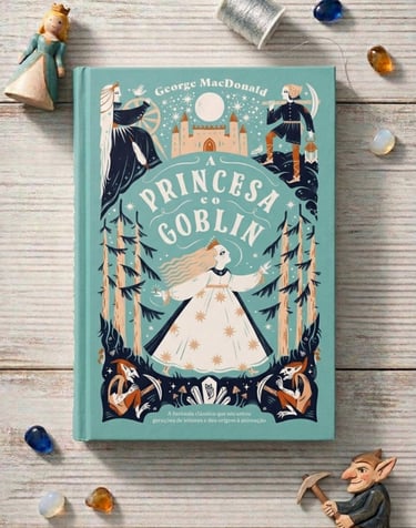 The Princess and the Goblin book cover with fairy tale illustrations of a princess and miners.