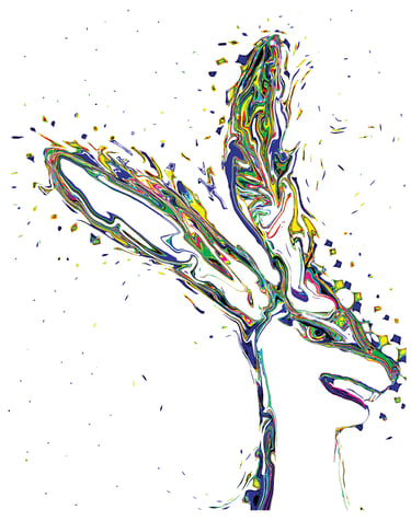 Pop art of a rabbit made of splashes of swirling color.