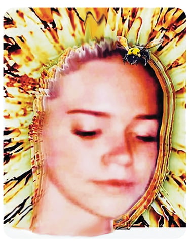 Pop art of girl as a sunflower with bumble bee on forehead.