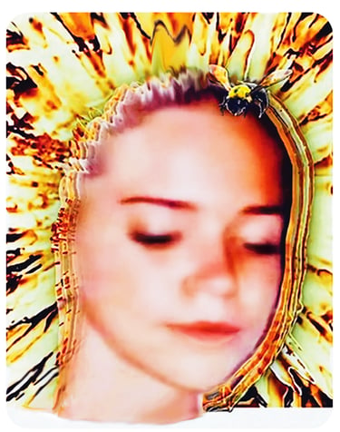 Pop art girl as a happy sunflower with cute bee for nature lovers