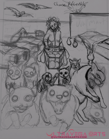 Digital sketch of "Cat Lady" a ruff drawing of an old lady with a shopping cart walking her cats, Digital By UltraVega Arts