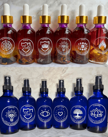 A product lineup of essential oil sprays and anointing oils in brightly colored bottles
