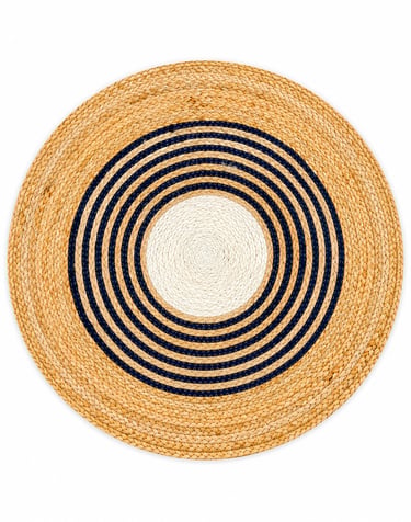Round geometric braided jute rug with cream center field and navy blue rings from Indian Exporter