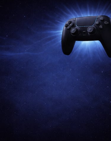 A black PlayStation 5 DualSense controller glows with blue light against a dark, cosmic background, highlighting gaming