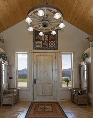 a room with a large wooden ceiling and a chandelier