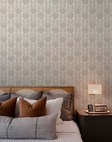 Neutral retro floral wallpaper in soft taupe and beige tones, featuring a stylized tulip pattern