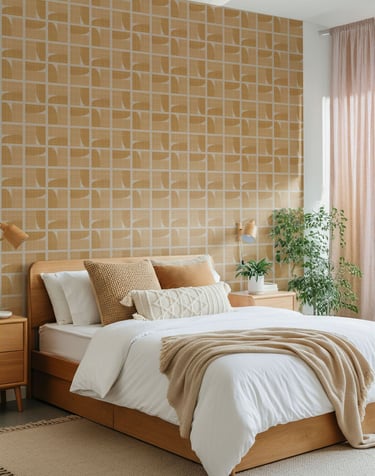 Sunset orange geometric wallpaper with a mid-century grid pattern, styled in a cozy bedroom