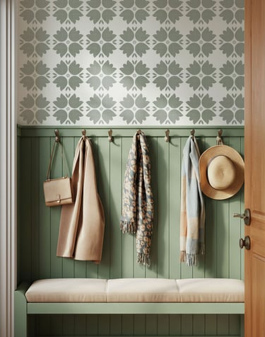 Sage and cream floral pattern wallpaper with a retro farmhouse design, styled in an entryway