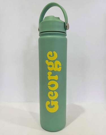 a green water bottle with a green and yellow name on it