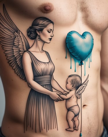 Tatuaggio sul petto di un uomo: una bella donna con le ali che tiene per mano un bambino con le ali