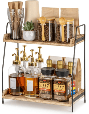 wooden coffee stand with assorted coffee essentials on it