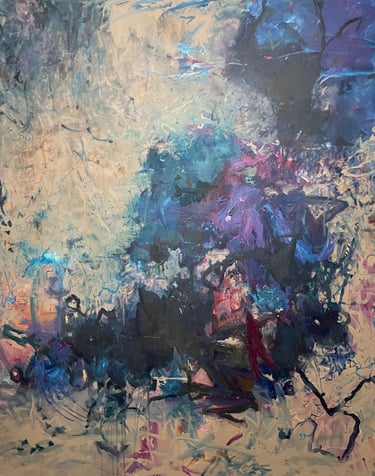 deep blue and dark green colors on a tan background acrylic large painting