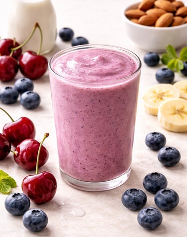 Fresh berry smoothie in a glass surrounded by blueberries, cherries, banana slices, and almonds.