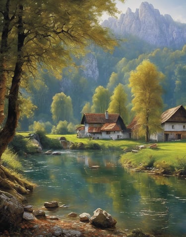 a painting of a house in the mountains