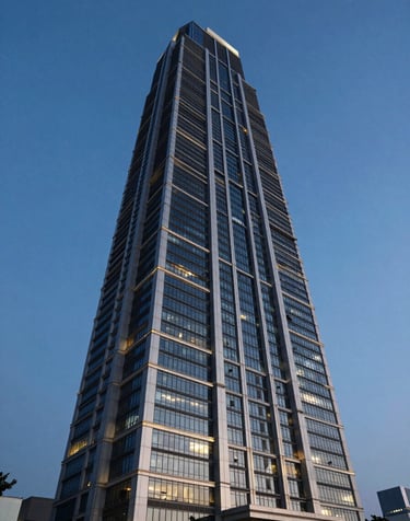 Wide-angle architectural shot of a modern high-rise tower in Jakarta captured during the blue hour, highlighting sharp structural lighting and clean geometric lines against a deep twilight sky.
