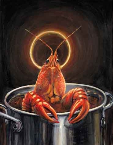 Acrylic painting of a haloed crawfish in a boiling pot, titled Blessed Boil.