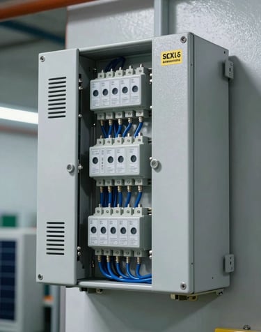 A professional close-up photograph of a modern industrial solar inverter system mounted on a facility wall, with steel blue wiring and clearly labeled electrical components.