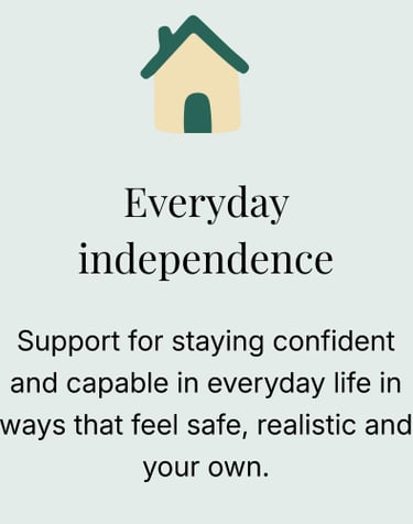 Icon of a house with text promoting everyday independence and how to stay capable