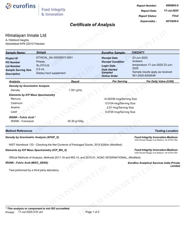 a certificate of analyses from eurofins usa for prime gold shilajit