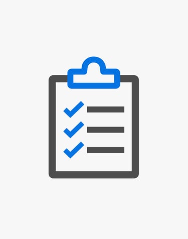 A blue and grey clipboard icon showing a completed task list with blue checkmarks.