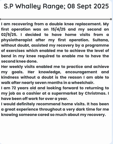 Review from patient sharing their happiness about knee replacement journey after physiotherapy.