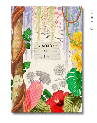 illustration au crayon de couleur pour boutique de fleuriste, imprimée sur bois FSC