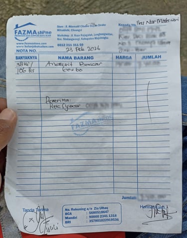 A handwritten Fazma Stone invoice receipt for Andesit Bakar natural stone tiles on blue paper.