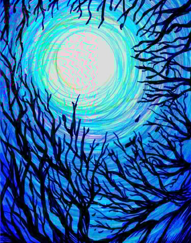 a marker drawing of a twilight forest with full moon, blue, black, white