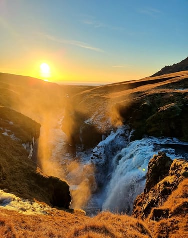 sunset near waterfall