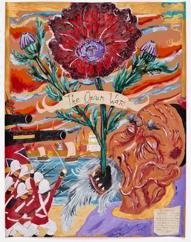 ‘The Opium Wars’, 2024, Acrylic, watercolour and fineliner on paper ©Andrew Gilbert