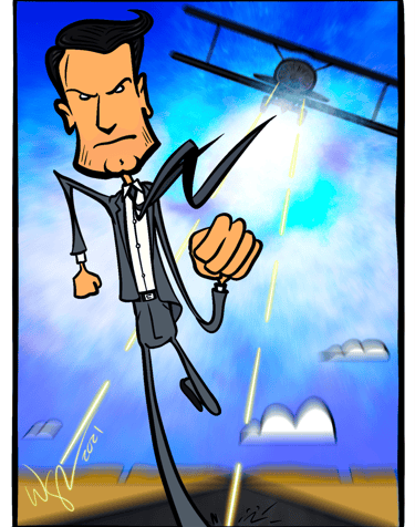 A cartoon character in a suit running from an airplane in pursuit. It's from North By Northwest.