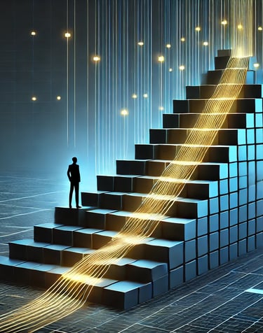 A representation of a focused self-driven mindset: a man on a staircase with upward glowing lines 