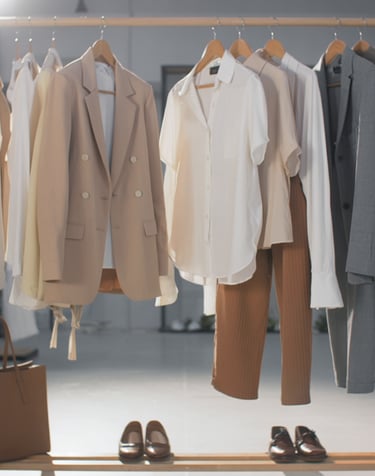 A curated minimalist closet rack showing a neutral color palette of high-end fashion