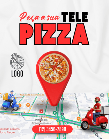 arte para instagram com o ícone de localização de uma pizzaria e motos de entrega