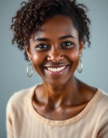 a smiling woman with curly hair and earrings