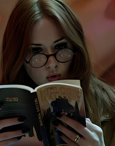 a woman in glasses and a jacket is reading a book