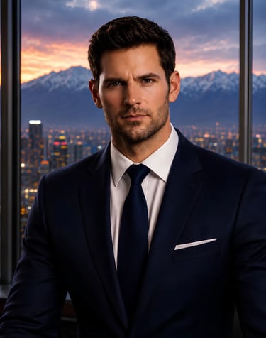 Professional man in a navy blue suit standing before a sunset Denver skyline and snowy mountains..