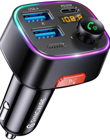  Syncwire Bluetooth 5.4 FM Transmitter Car Adapter 48W (PD 36W & 12W) [Light Switch] [HiFi Bass Sound] [Fast Charging] Wirele
