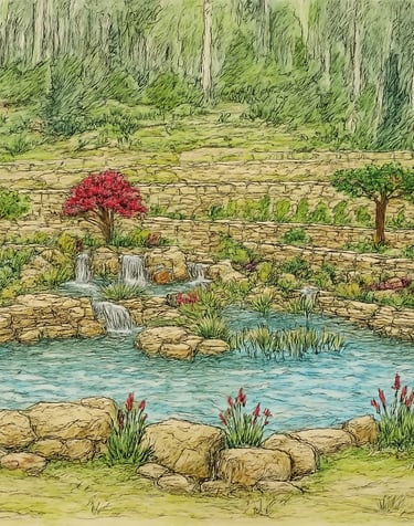 Full color conceptual render of natural pool with wetland, waterfalls & naturescape | Aqua Vitae