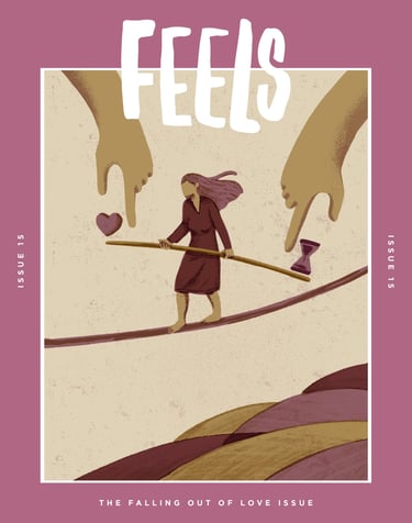 magazine cover of a woman walking on a tight line holding a balance stick, two hands pointing it