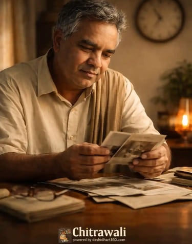 Indian man viewing old photographs and documents, blurred clock in background, calm introspective mood, warm neutral tones.