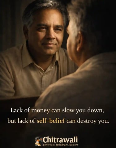 Indian man looking at his reflection in a mirror, half face in light and shadow, emotional depth and inner strength.