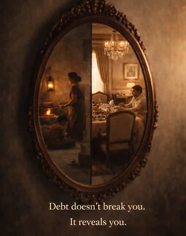 Indian household reflected in a mirror showing simple life and luxury contrast, symbolic view of debt and truth.